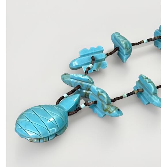 Native American Zuni Turquoise Turtle Multi Animal Fetish Heishi Shell Necklace - Picture 7 of 14